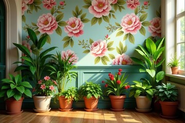 Fototapeta premium Sunlit Interior with Potted Plants and Floral Wallpaper Featuring Various Greenery in Terracotta Pots