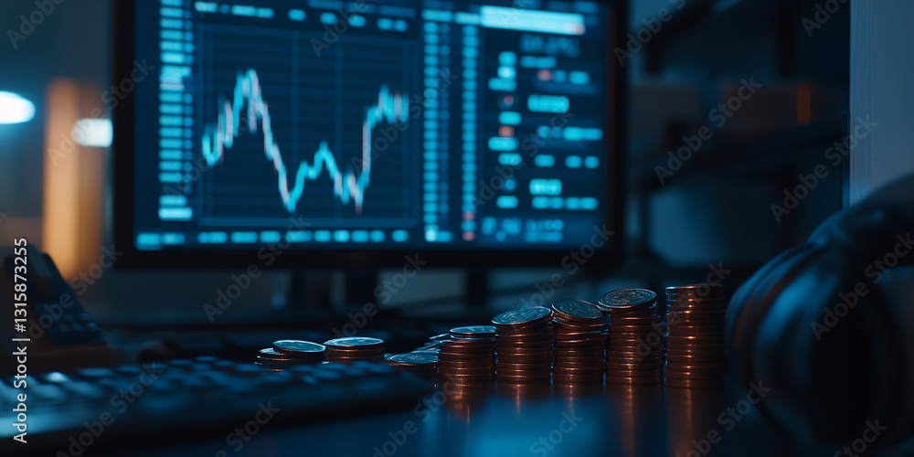 Poster trading screen displaying cryptocurrency prices with stacked coins : generative ai
