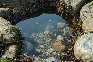 A shallow tide pool where tiny shrimp playfully leap between rocks.