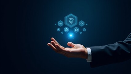 A steady hand, with medium-toned skin and defined fingers, grasps a variety of digital icons that float above the palm, suspended in mid-air, on a rich, dark blue background that evokes a sense of pro