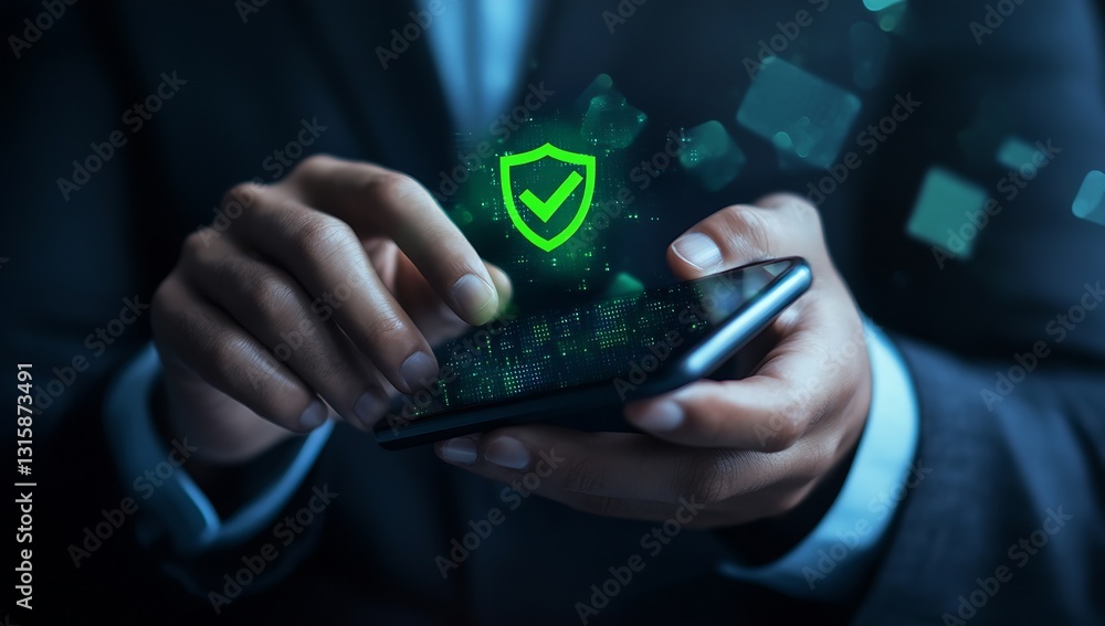 Poster Close-up of hands using smartphone with digital shield and security check features : Generative AI