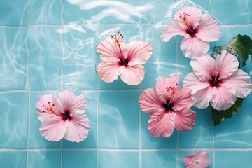 Obraz premium Pink hibiscus flowers float on a blue tiled pool. Perfect for spa, relaxation, or summer themes.