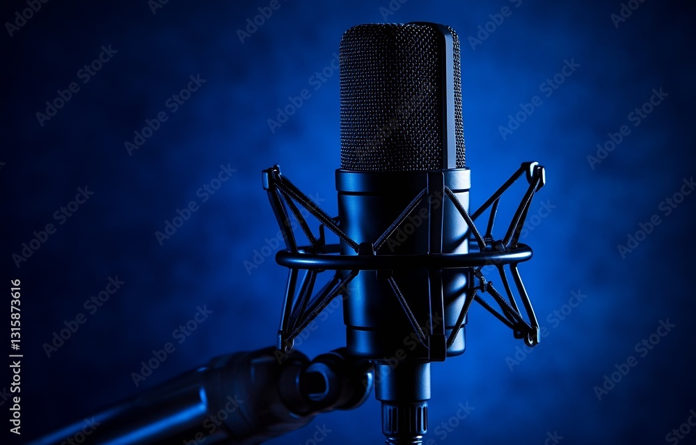 Poster High-quality close-up of a microphone in a shock mount showcasing intricate design for professional sound recording : Generative AI