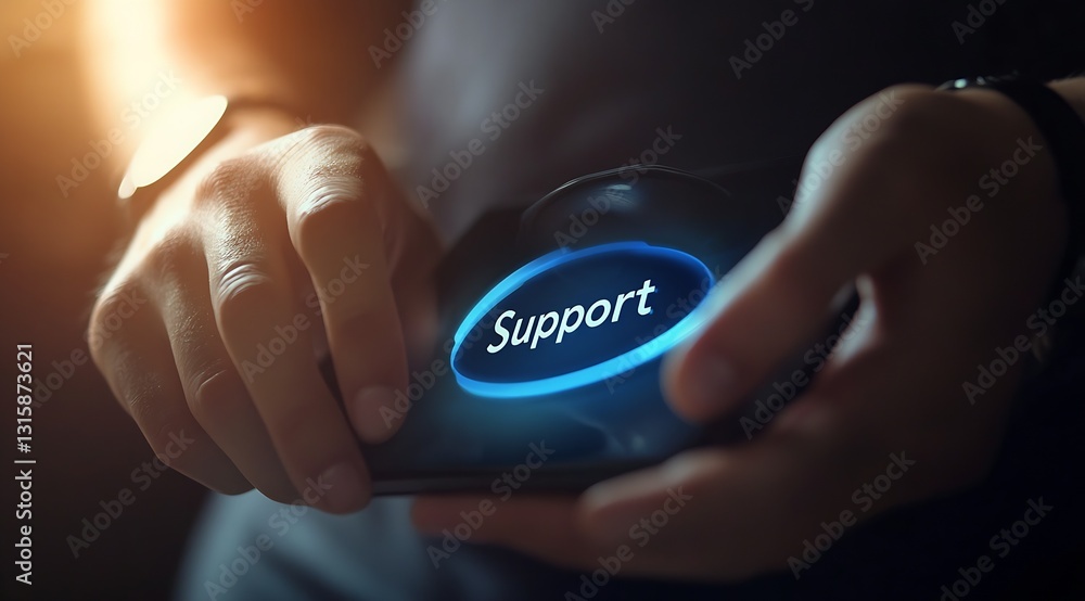 Poster close-up of a hand holding a smartphone displaying support options in a dynamic lighting setup : gen