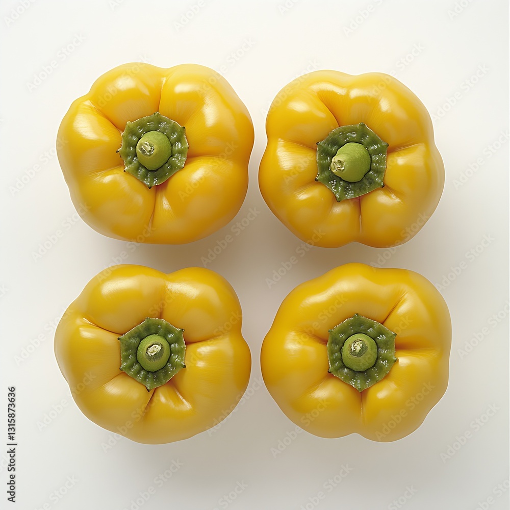 Poster group of four bright yellow bell peppers on a clean surface for culinary use : generative ai