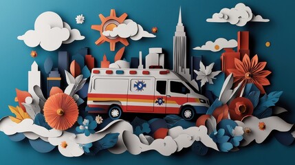 Creative Paper Art Depicting Ambulance Surrounded by Flowers and Buildings
