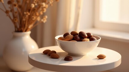Golden Hour Nuts and Sweets in a White Bowl on a Table