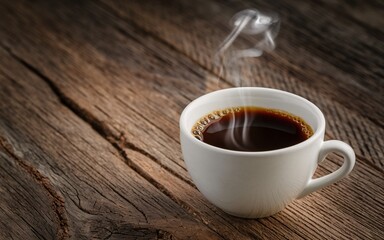 January blues, Steaming coffee cup on rustic wooden table