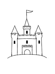 Obraz premium This simple outline of a castle depicting turrets is drawn in black and white in a modern-style.