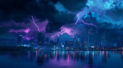 Obraz premium Stormy Night Over a City Skyline with Lightning