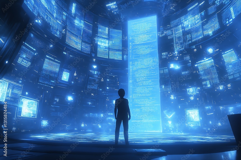 Fototapete Futuristic circular environment with a person illuminated by glowing data displays in a digital space : Generative AI