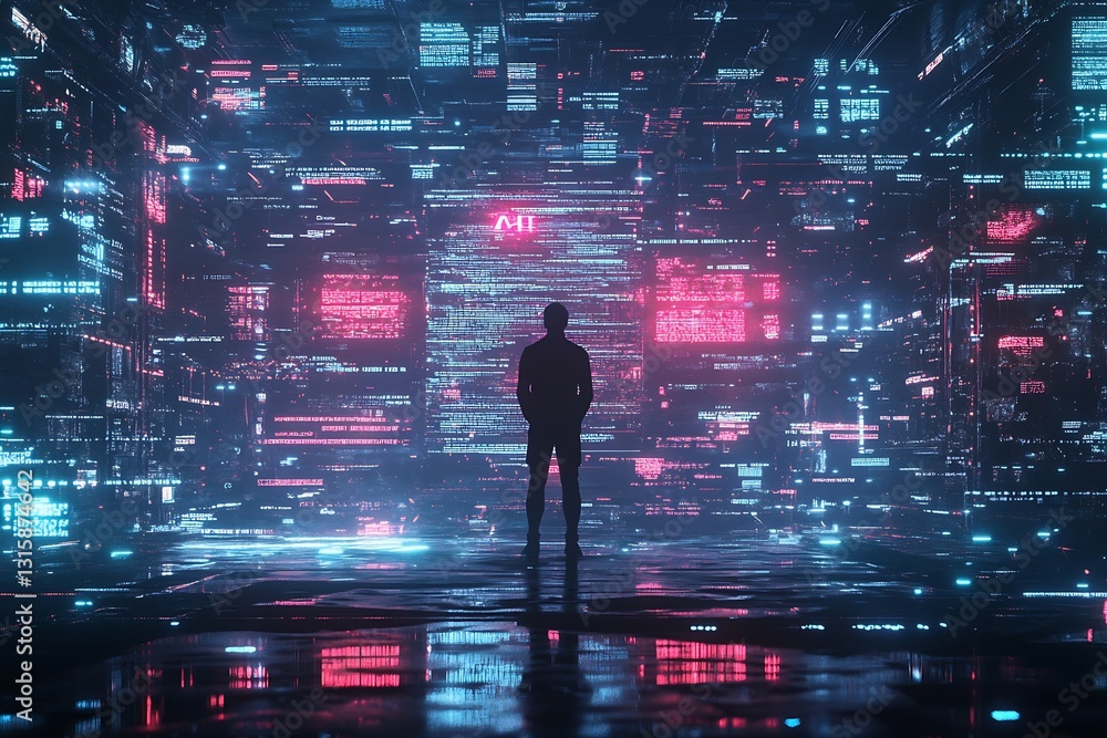 Poster intense visual of digital data with silhouette of person against bright red and blue lights : genera