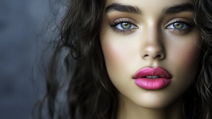 Fototapeta premium Beautiful model with bright pink lips showing a captivating headshot under dramatic side light against an abstract gradient background