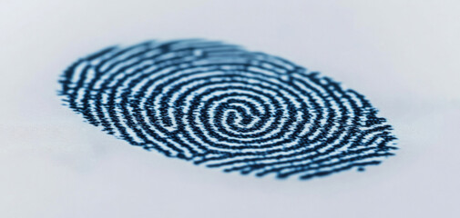Close-up image of a blue ink fingerprint on white paper, representing identity verification, security, and forensic analysis.