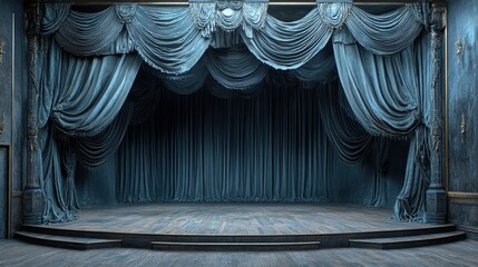 Elegant, dark teal stage curtains with ornate detailing frame a wooden stage. Ideal for theatrical, dramatic, or vintage projects needing a moody backdrop.