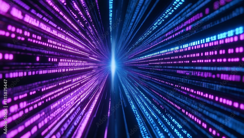 Poster Vivid digital tunnel with streams of blue and purple binary numbers converging at a bright core in cyberspace : Generative AI