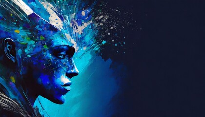Abstract blue indigo neutral partial cool splash cyberpunk face on a dark blue splash background