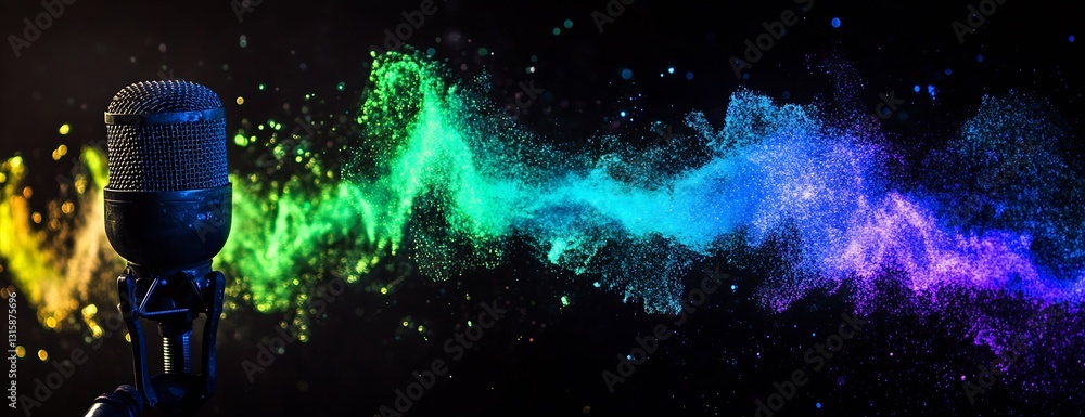 Aufkleber colorful dust particles floating around a microphone illustrating energetic sound waves : generative