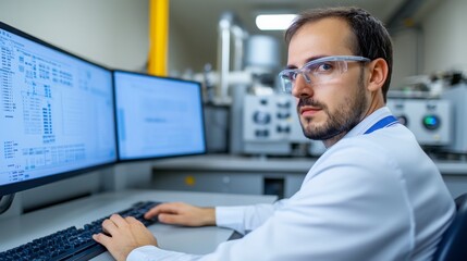 Fototapeta premium Scientist Analyzing Data on Computer in High-Tech Laboratory Setting
