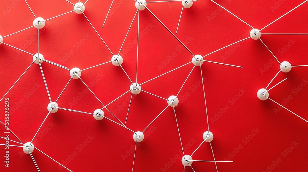 Poster white pins and connecting strings on red background in abstract design