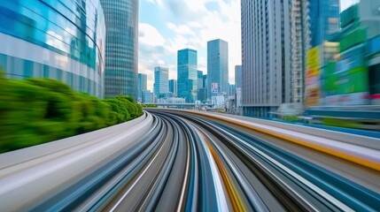 Obraz premium Dynamic Cityscape with Motion Blurred Train Tracks in Urban Center