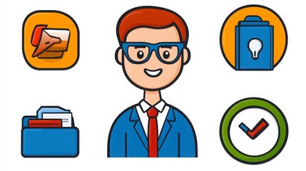 Fototapeta premium Professional character with business icons and paperwork elements