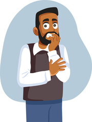 Obraz premium Worried Office Worker Biting His Nails Vector Concept Illustration. Stressed out businessman feeling overwhelmed and frustrated 