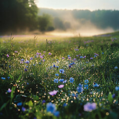 Fototapeta premium A field of flowers with a bright blue sky in the background