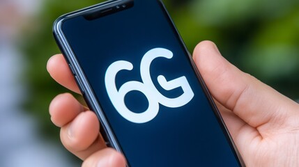 Hand Holding Smartphone Displaying 6G Logo on Screen Outdoors