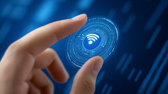 Finger Touching Digital WiFi Symbol on Abstract Blue Background