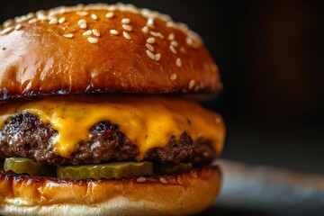 Mouthwatering burger with cheddar cheese and pickles on a toasted bun : Generative AI