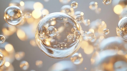 Fototapeta premium Numerous transparent bubbles floating with illuminated blurred background effects