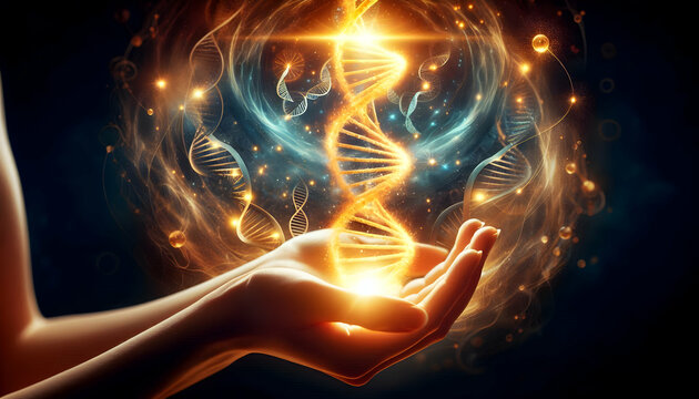 DNA A mystical representation of a DNA helix materializing from golden light held in the palms of a huma1.jpg