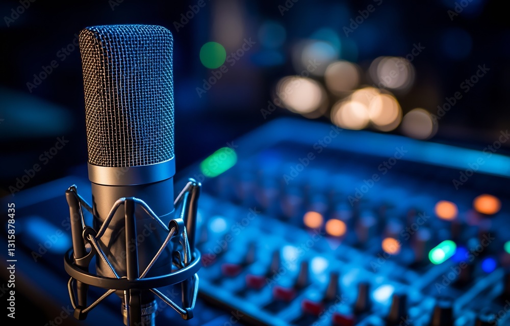 Poster Professional microphone in front of a sound mixing console with colorful lights creating an engaging atmosphere : Generative AI