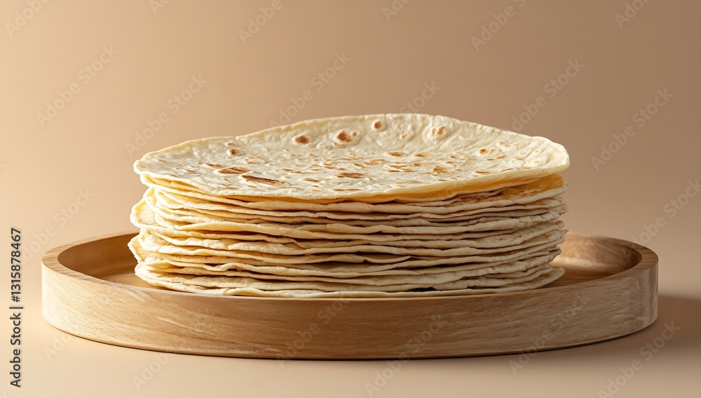 Poster elegant display of stacked tortillas on a circular wooden tray with muted colors : generative ai