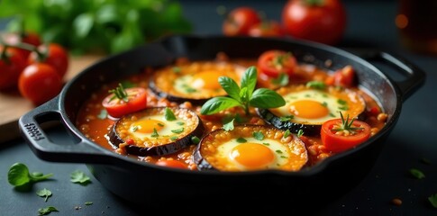 Savory Egg and Eggplant Dish in a Cast Iron Skillet with a Rich Tomato-Based Sauce and Fresh Herbs