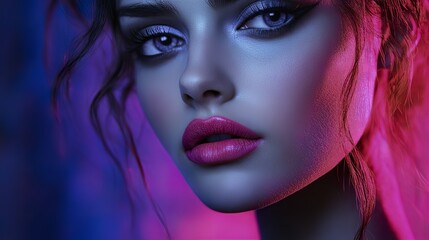 Naklejka premium Beautiful model with bright pink lips showing a captivating headshot under dramatic side light against an abstract gradient background