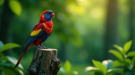 Naklejka premium A vibrant rainbow lorikeet perched on a weathered tree stump, bathed in the warm glow of sunlight filtering through lush green foliage