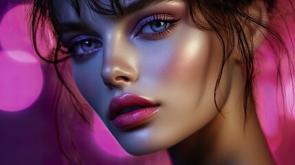 Beautiful model with bright pink lips showing a captivating headshot under dramatic side light against an abstract gradient background