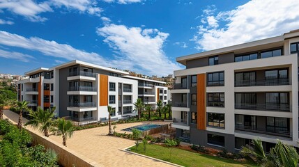 Fototapeta premium New Modern Apartments Under Construction with Clear Blue Sky