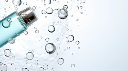 Aqua Serum Bottle in Water with Bubbles Skincare Product Photography