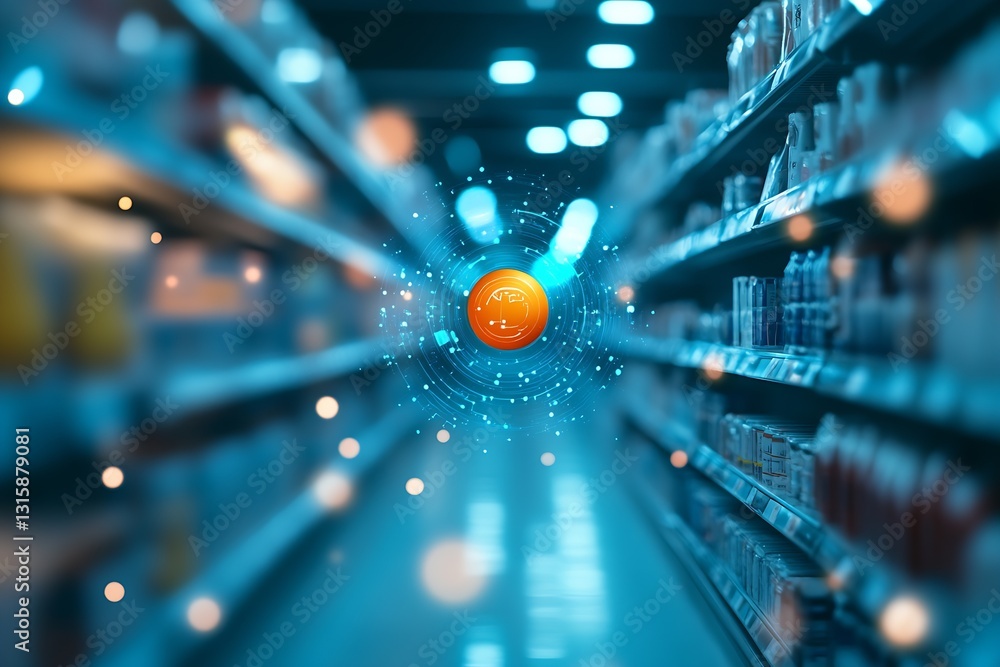 Aufkleber Futuristic holographic display in a retail aisle enhancing product visibility and consumer interaction : Generative AI