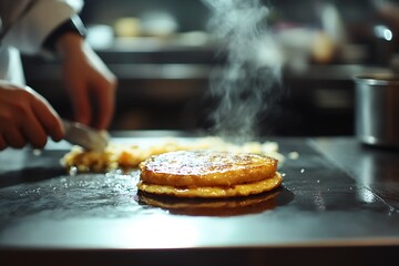 Fluffy pancake being cooked on a grill with steam and golden crispiness in a professional kitchen : Generative AI