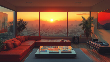 Fototapeta premium a 1960s living room with a mid-century modern design, featuring a minimalist couch, a coffee table with retro magazines, and a sleek record player