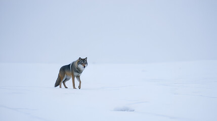 Fototapeta premium Snowy Wilderness: A lone wolf or fox traverses a snowy expanse. Its eyes hold hunger and resilience.