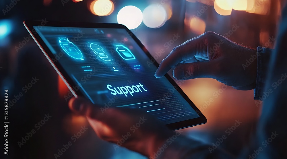 Poster hands navigating a digital tablet with emphasis on support systems in a contemporary digital setting