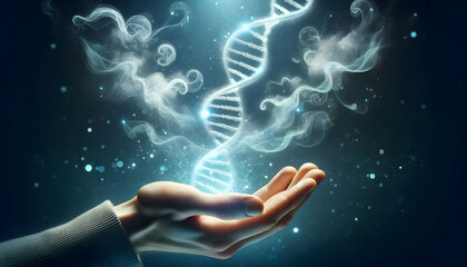 DNA A hand releasing a DNA helix made of ethereal mist, representing the delicate and fragile nature of 4.jpg