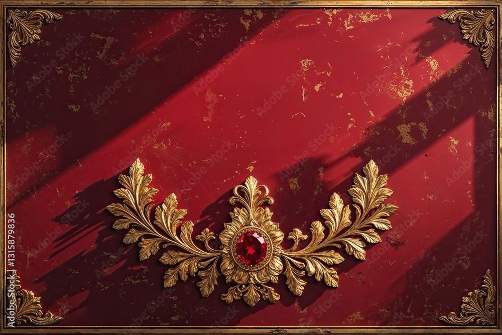 Poster luxe ruby red canvas with golden shadow outline and classic aged texture design