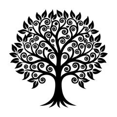 Fototapeta premium A tree made of swirling branches and leaves forming intricate patterns on a white background.
