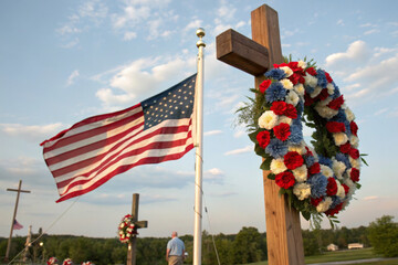 Silhouette of a soldier saluting at sunset with the American flag in the background